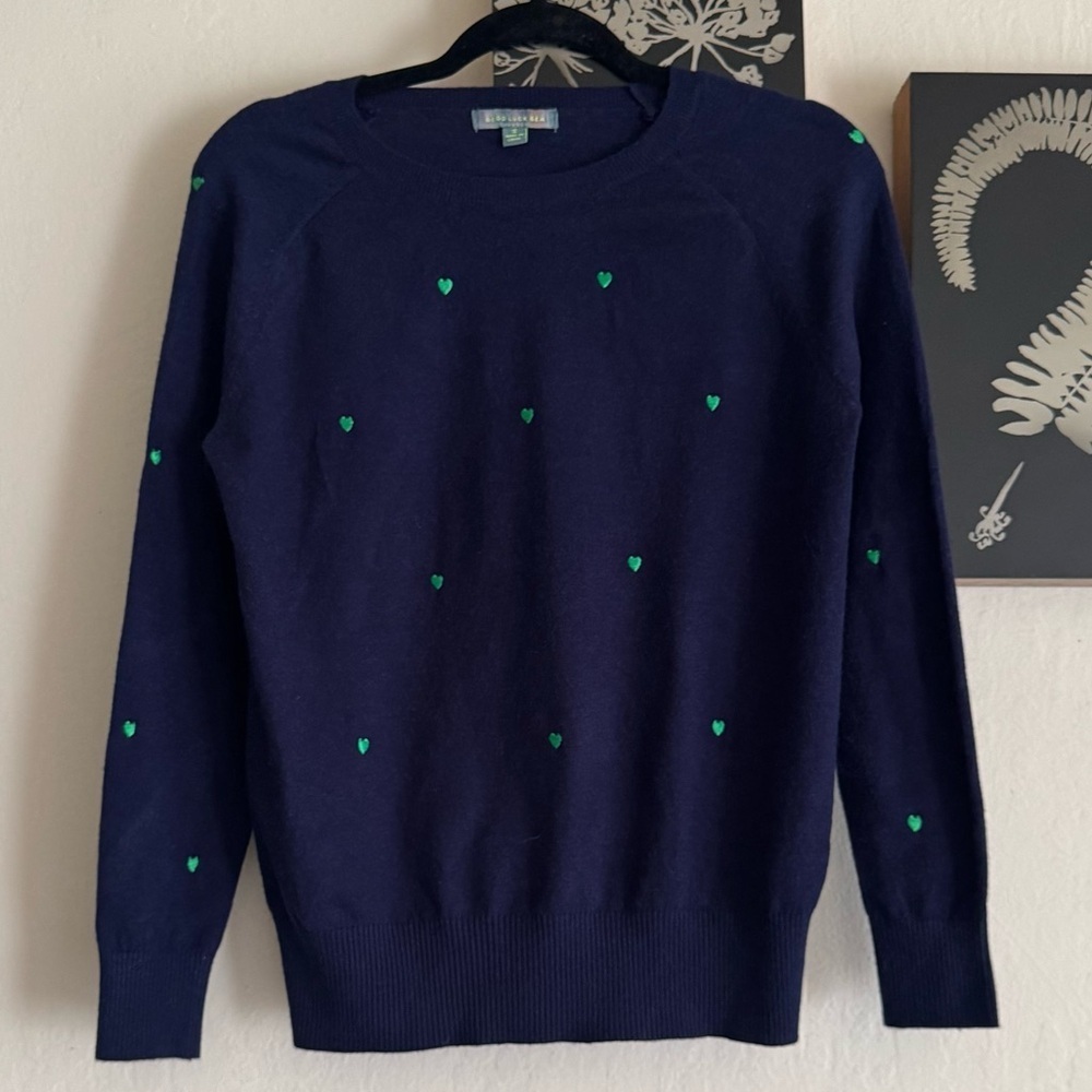 Navy Sweater with Green Embroidered Hearts Size Small